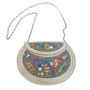 RAMLA L'Oriental Handmade Silver Multicolor Mosaic Metal Crossbody Clutch New